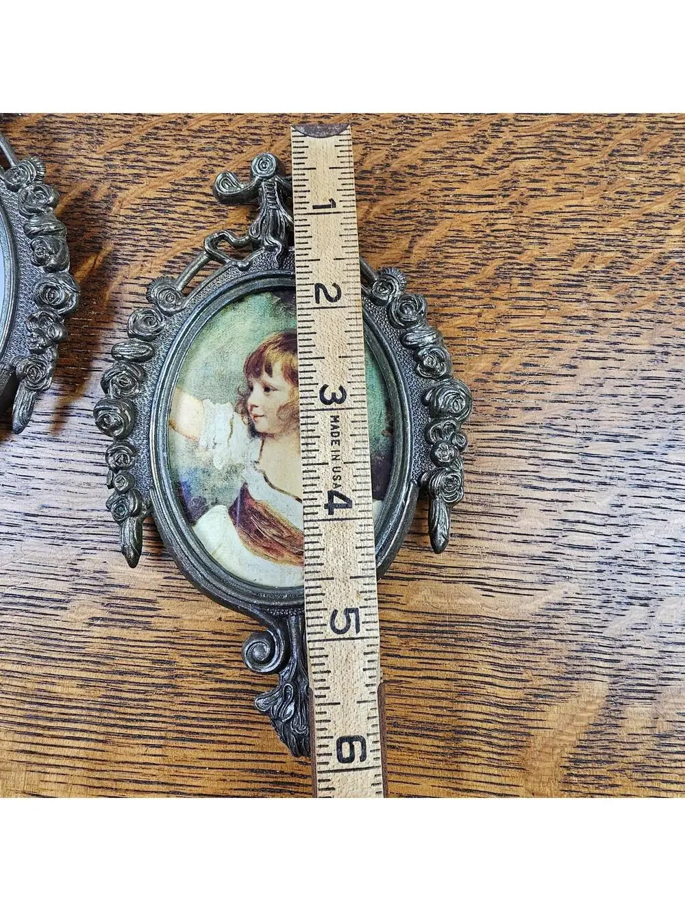 Vintage Italian Child Portrait Wall Plaques Pair Ornate Cast Metal Frames - Picture 10 of 10